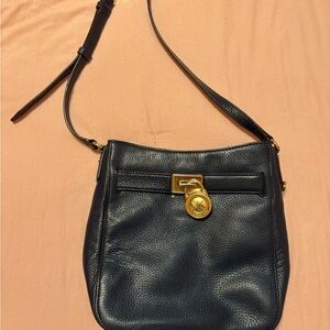 Michael Kors Navy Leather Crossbody Bag with Gold Lock